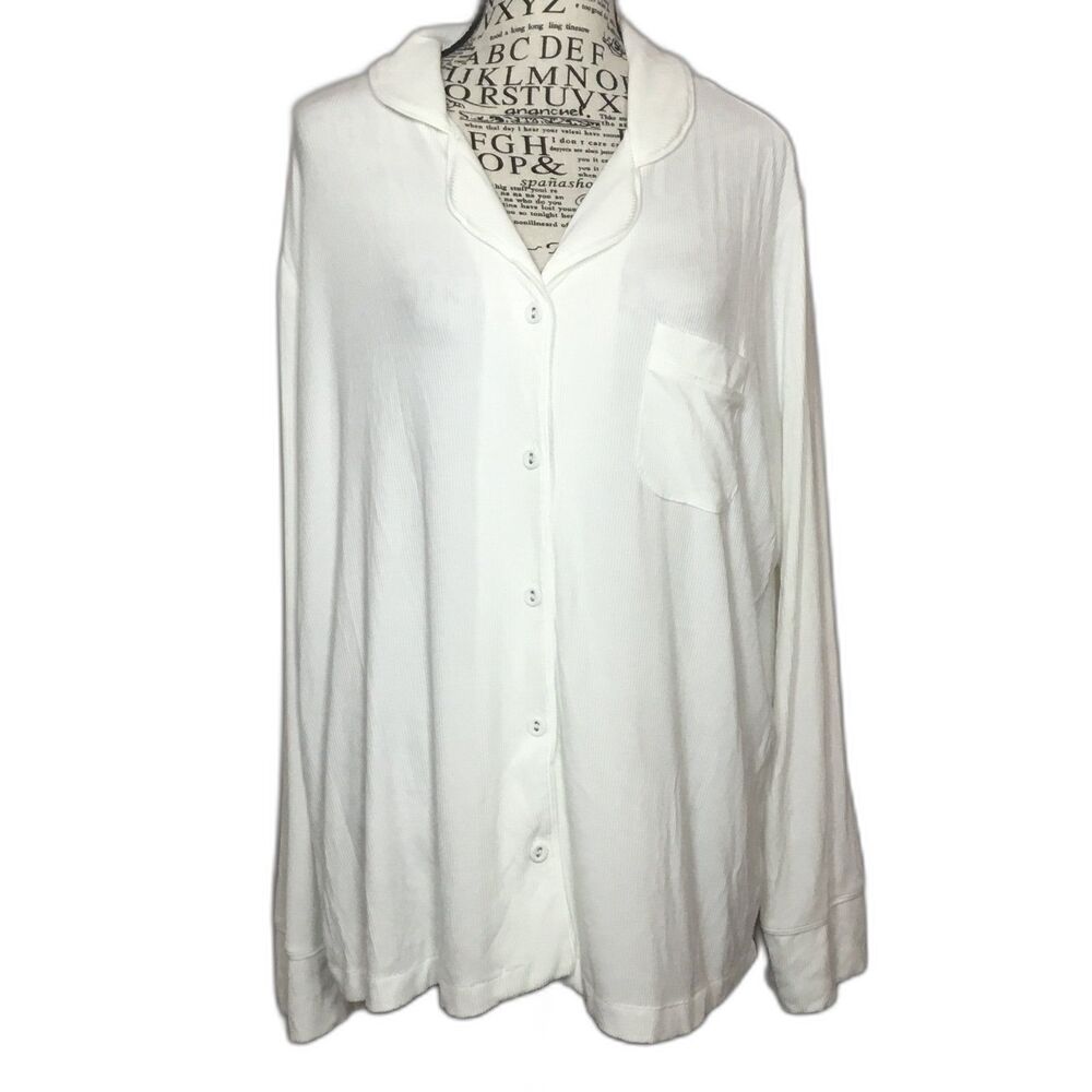 Skims cream stretchy pajama top ribbed king sleeve soft button down NWOT L